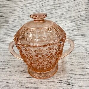 Vintage Jeannette Holiday Buttons & Bows Pink Depression Glass Sugar Bowl w/Lid